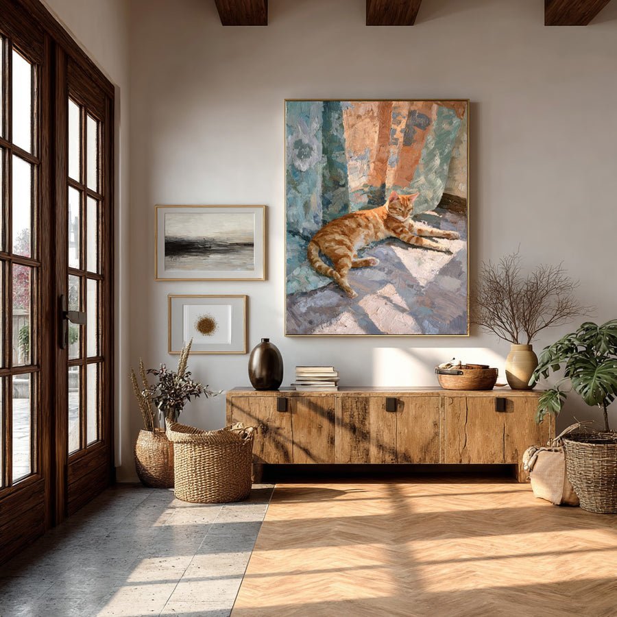 Abstract Feline Canvas Lounging Cat Textured Artwork #WG 052 hand-painted oil painting