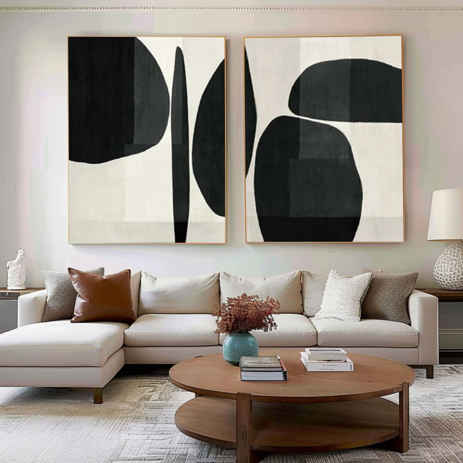 Abstract Geometric Canvas Art Black and White Painting Set of 2 #BWS 001 hand-painted oil painting