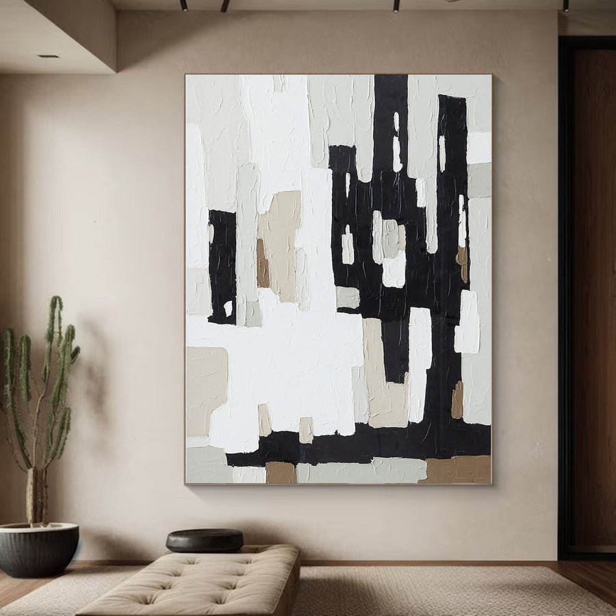 Abstract Geometric Painting With Black, White And Beige #BGA 039 hand-painted oil painting