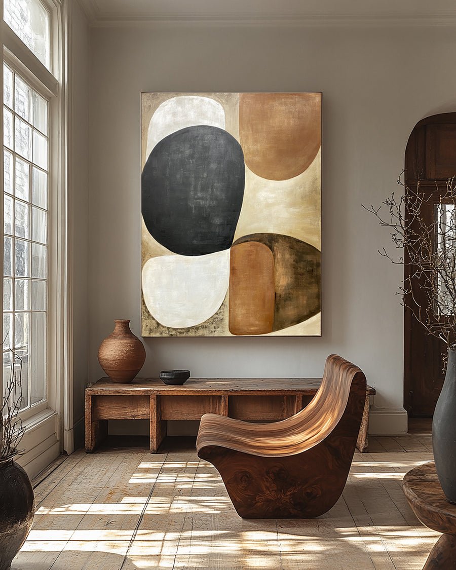 Abstract Art with Textured Shapes in Black, White, and Beige #BGA 281 hand-painted oil painting