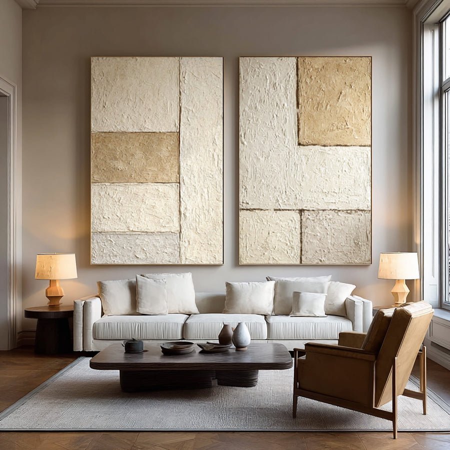 Beige & Brown Abstract Diptych - Textured Modern Wall Art #WG 077 hand-painted oil painting