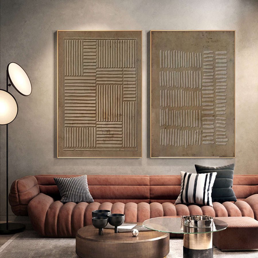 Beige & Brown Abstract Painting SET OF 2 #AVG 008 hand-painted oil painting