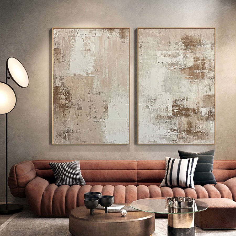 Beige & Brown Abstract Painting SET OF 2 #AVG 010 hand-painted oil painting