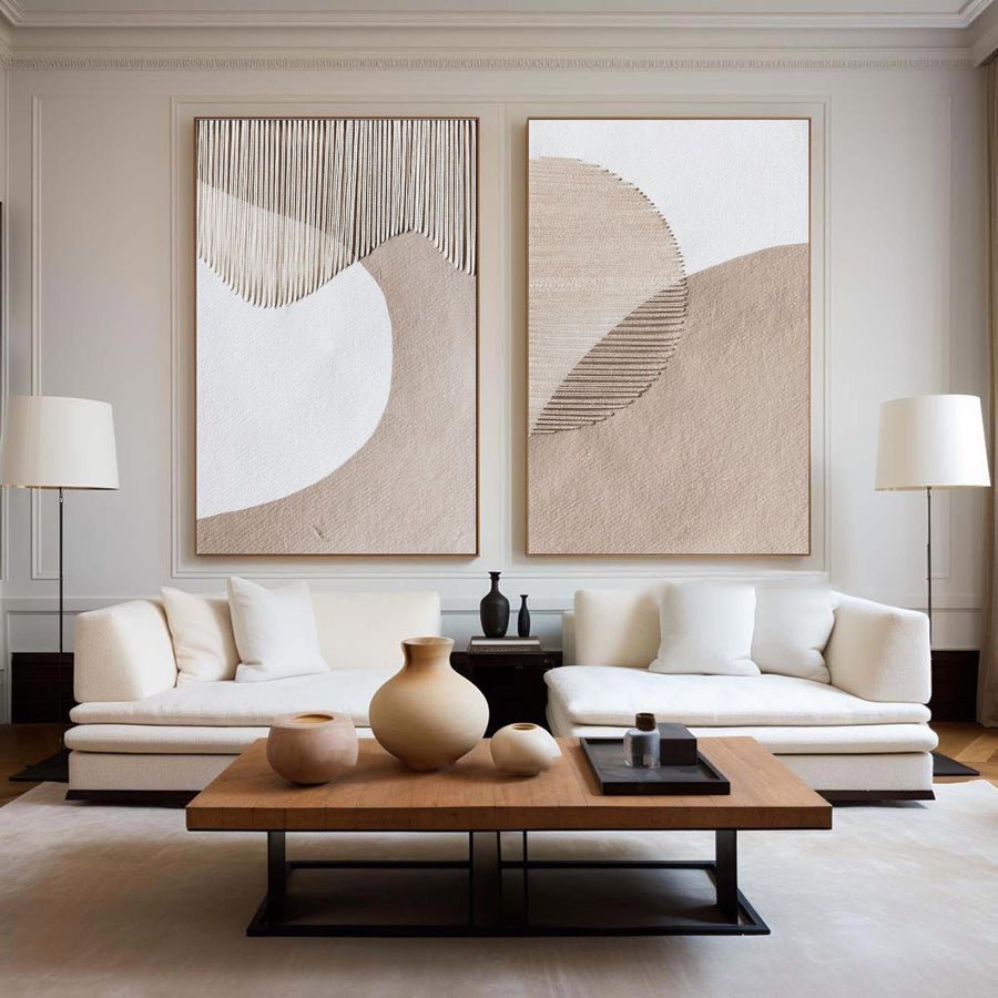 Beige & Brown Abstract Painting SET OF 2 #LL 005 hand-painted oil painting
