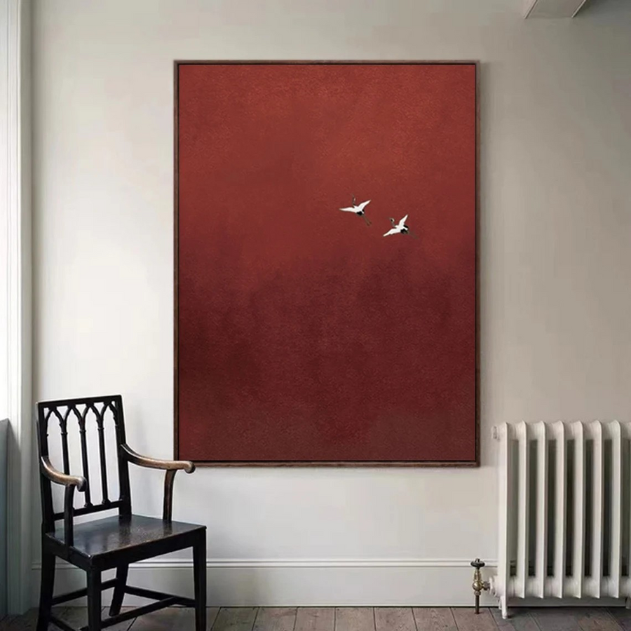 Dramatic Red Sky, Birds in Flight, Contemporary Wall Canvas #BGA 091 hand-painted oil painting