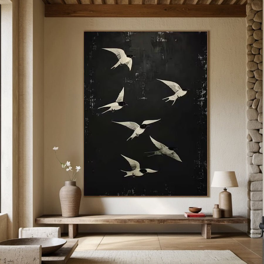 Black and White Birds Abstract Wall Art for Elegant Home Decor #BM 050 hand-painted oil painting