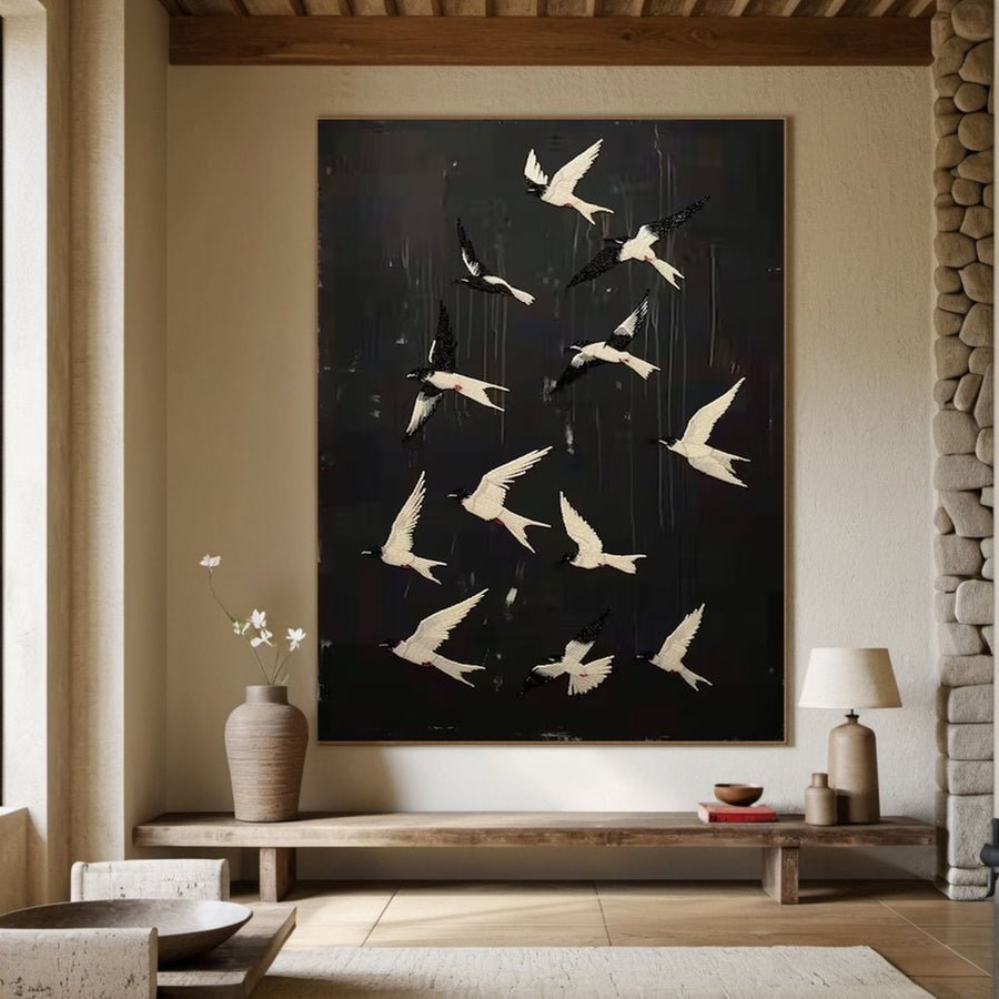 Black and White Birds Abstract Wall Art for Elegant Home Decor #BM 049 hand-painted oil painting