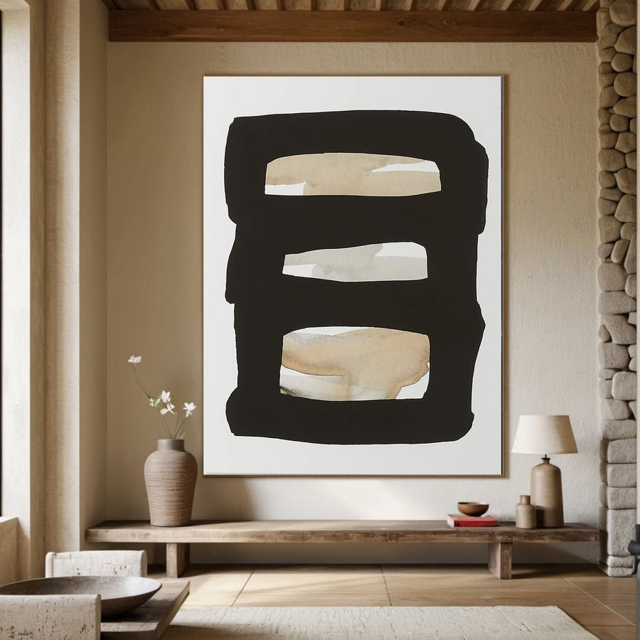Black Frame with Beige and White Bands, Contemporary Canvas #BGA 050 hand-painted oil painting