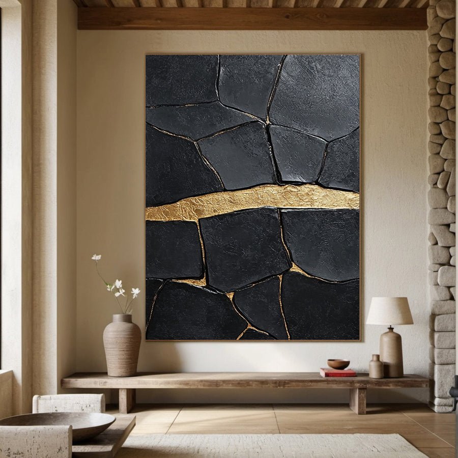 Black Impasto Art with a Bold Golden Fault, Textured Abstract #BGA 184 hand-painted oil painting