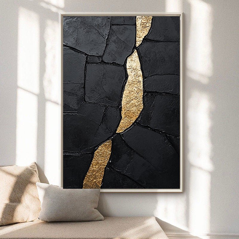 Black Impasto Canvas with Striking Vertical Organic Gold Shape #BGA 191 hand-painted oil painting