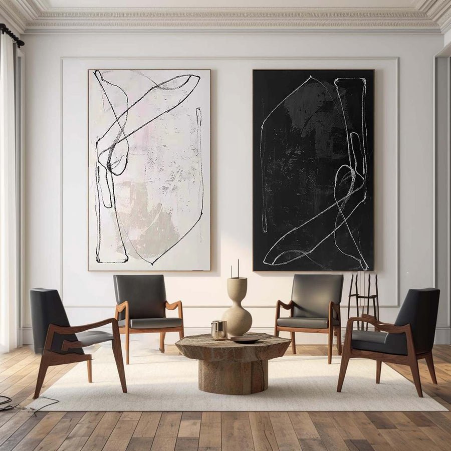 Black & White Abstract  Painting  SET OF 2 #AVG 009 hand-painted oil painting