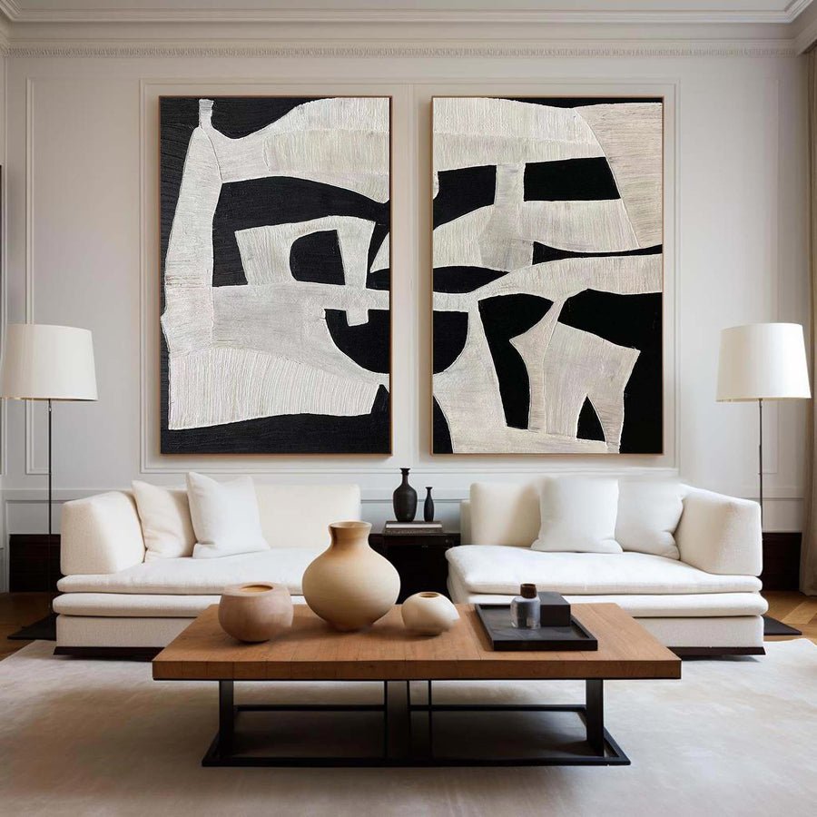 Black & White Abstract Painting SET OF 2 #AVG 012 hand-painted oil painting