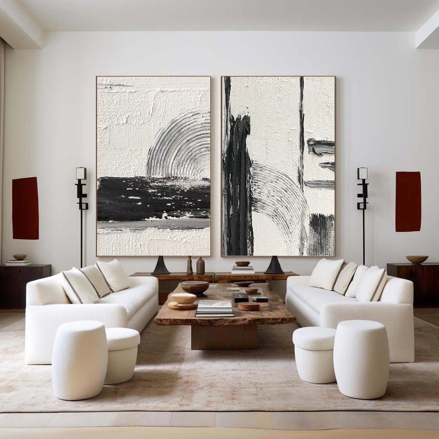 Black & White Abstract  Painting SET OF 2 #AVG 029 hand-painted oil painting