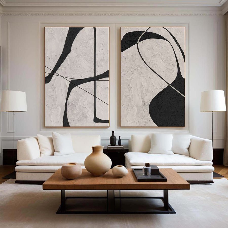 Black & White Abstract  Painting  SET OF 2 #CXA 013 hand-painted oil painting
