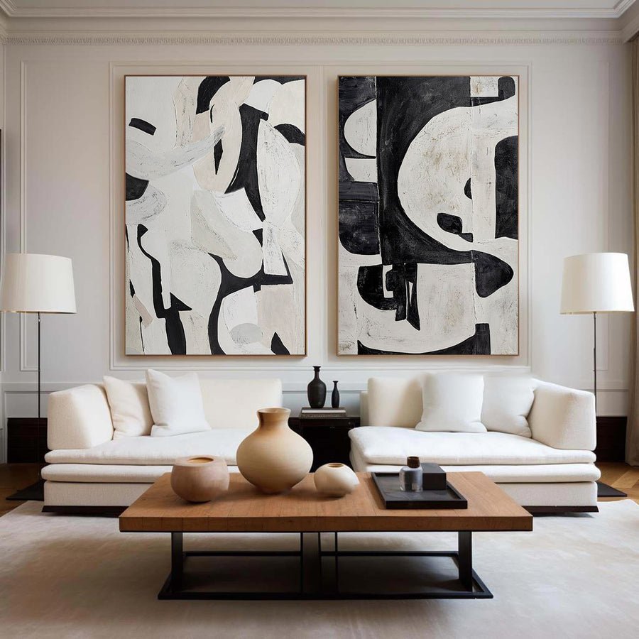 Black & White Abstract  Painting  SET OF 2 #LL 009 hand-painted oil painting