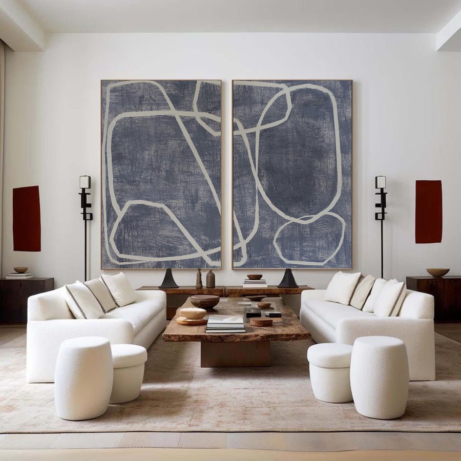 Blue & White Abstract  Painting SET OF 2 #AVG 033 hand-painted oil painting