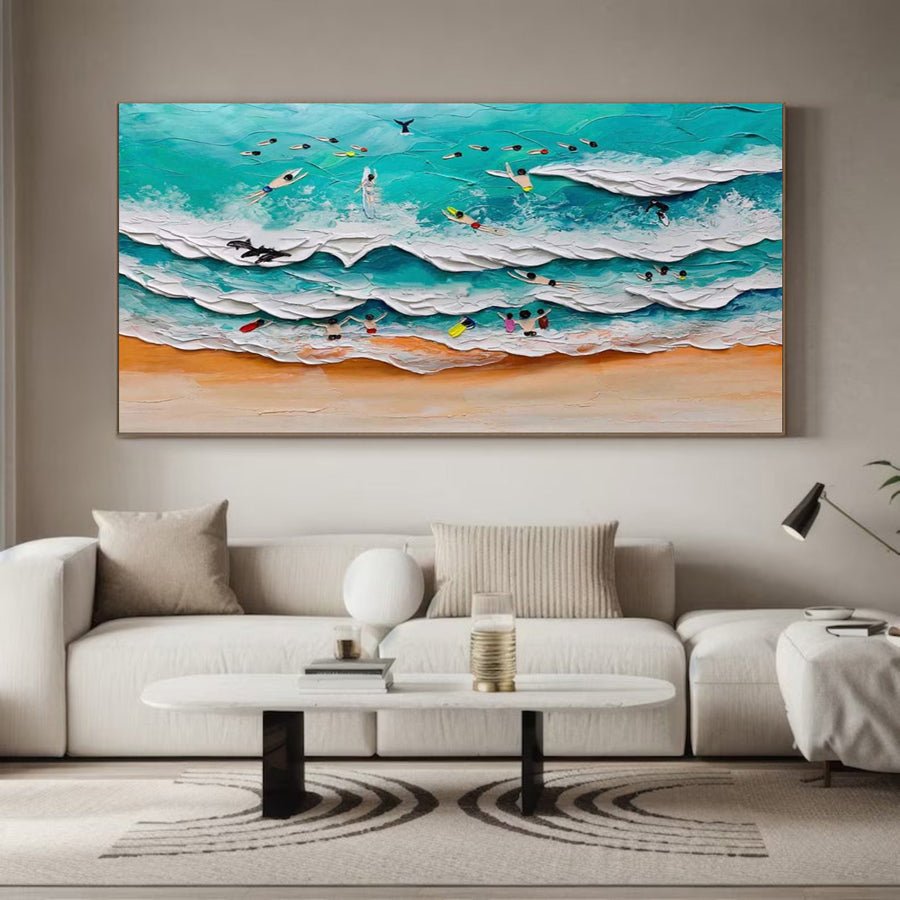 Bold Impasto Surfers, Energetic Beach Wall Painting #BGA 154 hand-painted oil painting