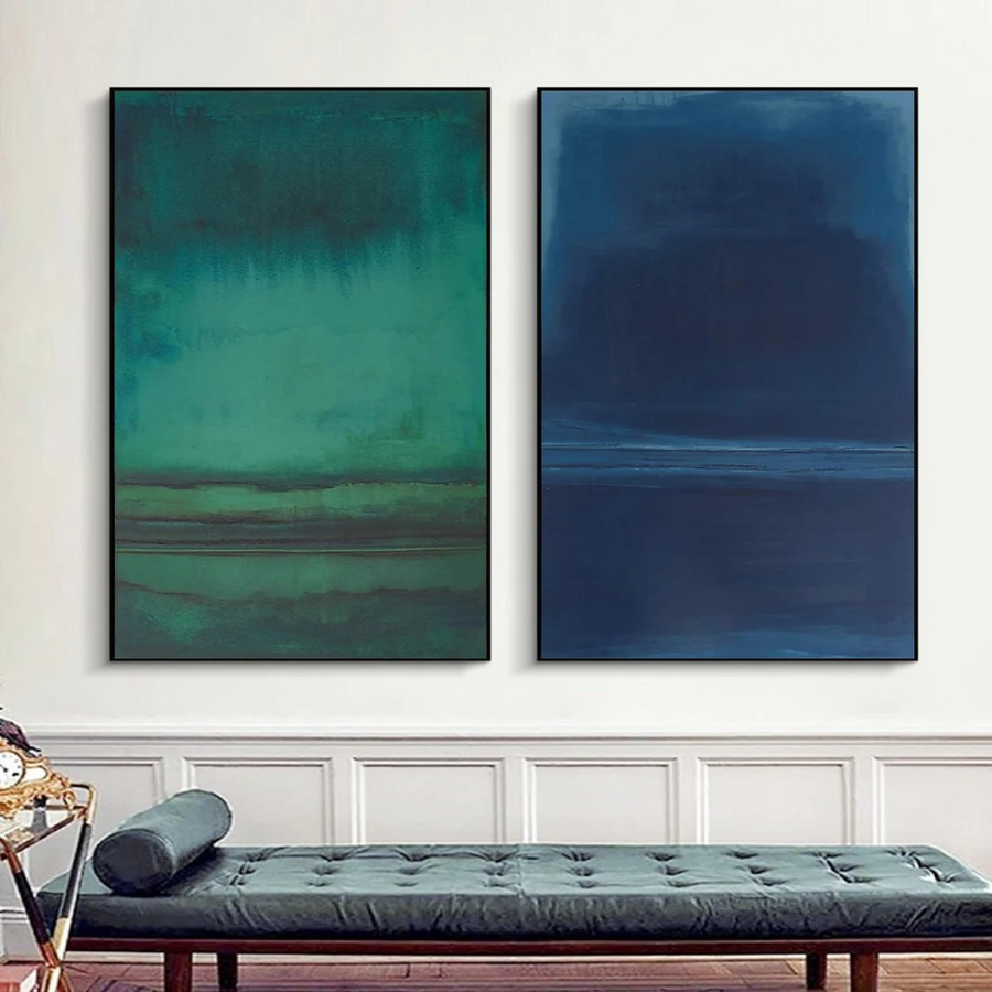 Calming Blue & Green Serene Art Set Of 2, Minimalist Wall Art #BGA 088 hand-painted oil painting