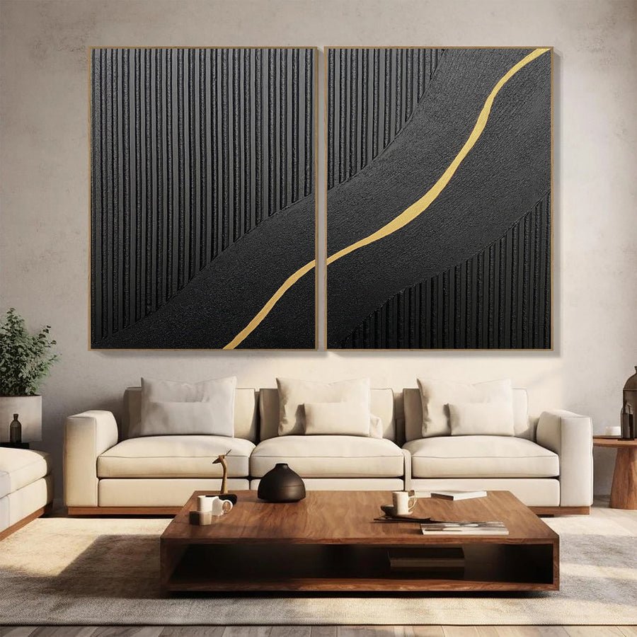 Contemporary Black Impasto Diptych with Flowing Gold Current #BGA 228 hand-painted oil painting