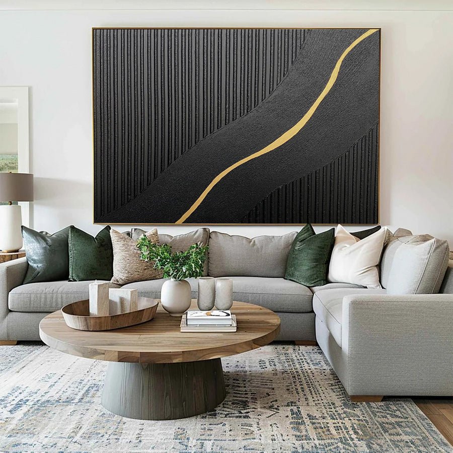 Contemporary Black Impasto with a Diagonal Line of Gold #BGA 227 hand-painted oil painting