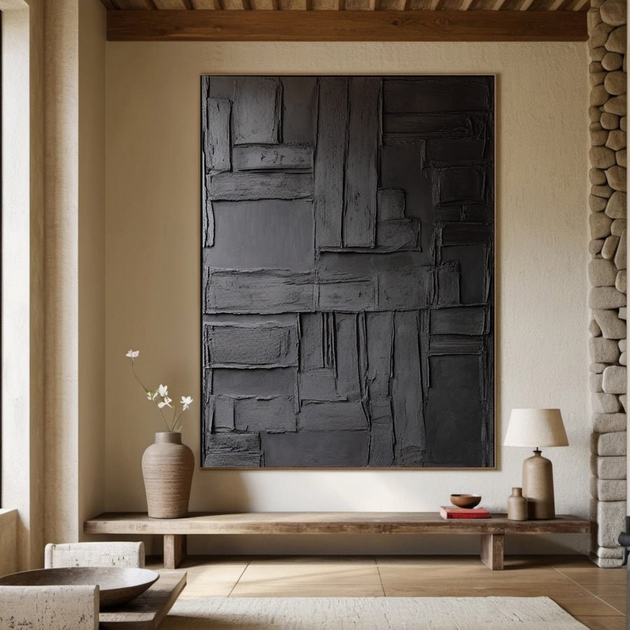 Contemporary Black Wall Art, Layered Geometric Design #BGA 147 hand-painted oil painting