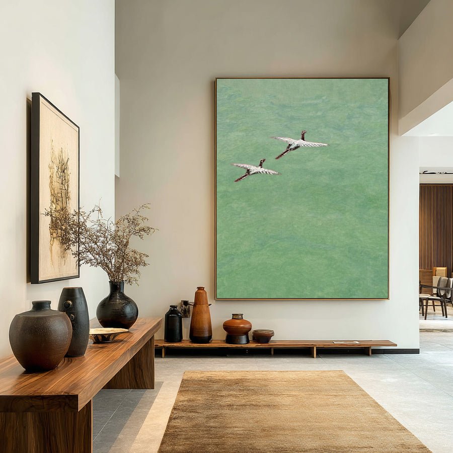 Contemporary Green Abstract Canvas with Flying Birds #WG 084 hand-painted oil painting