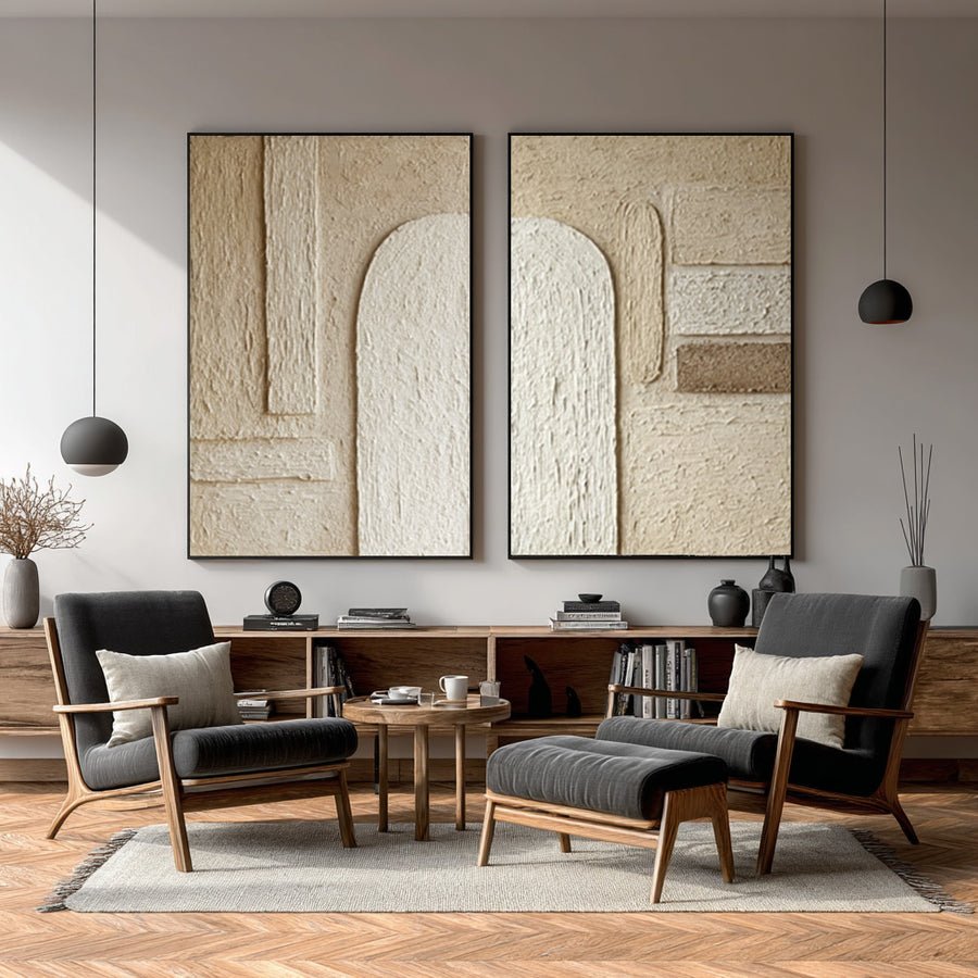 Contemporary Impasto Wall Art Diptych Neutral Tones Living #WG 040 hand-painted oil painting