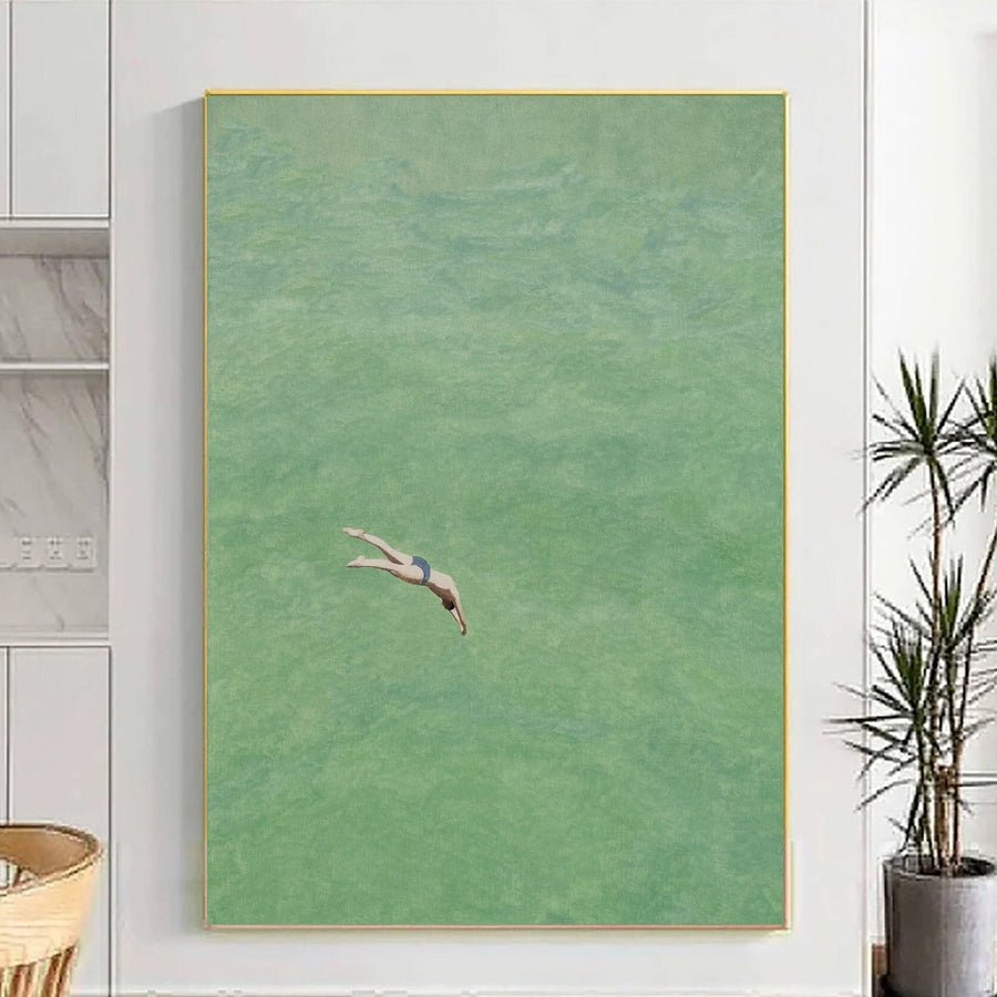 Contemporary Painting of a Diver Entering Clear Green Water #BGA 282 hand-painted oil painting