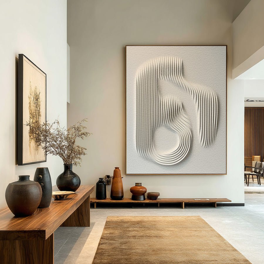 Contemporary White Abstract Relief Art on Textured Base #WG 079 hand-painted oil painting