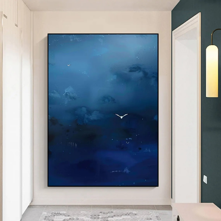 Dark Blue Sky Painting, Birds in Flight, Surrealist Canvas #BGA 093 hand-painted oil painting