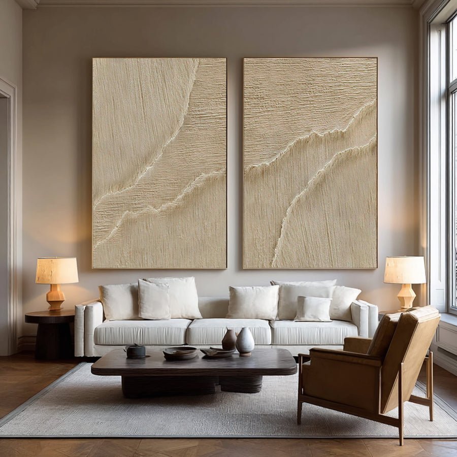 Duo Textured Abstract Art Minimalist Beige Set of Two #WG 071 hand-painted oil painting