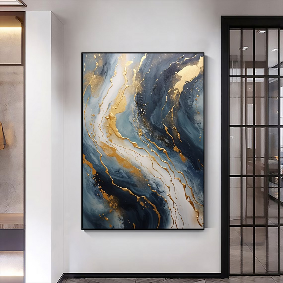 Dynamic Blue and Gold Abstract Canvas Art #BGA 035 hand-painted oil painting