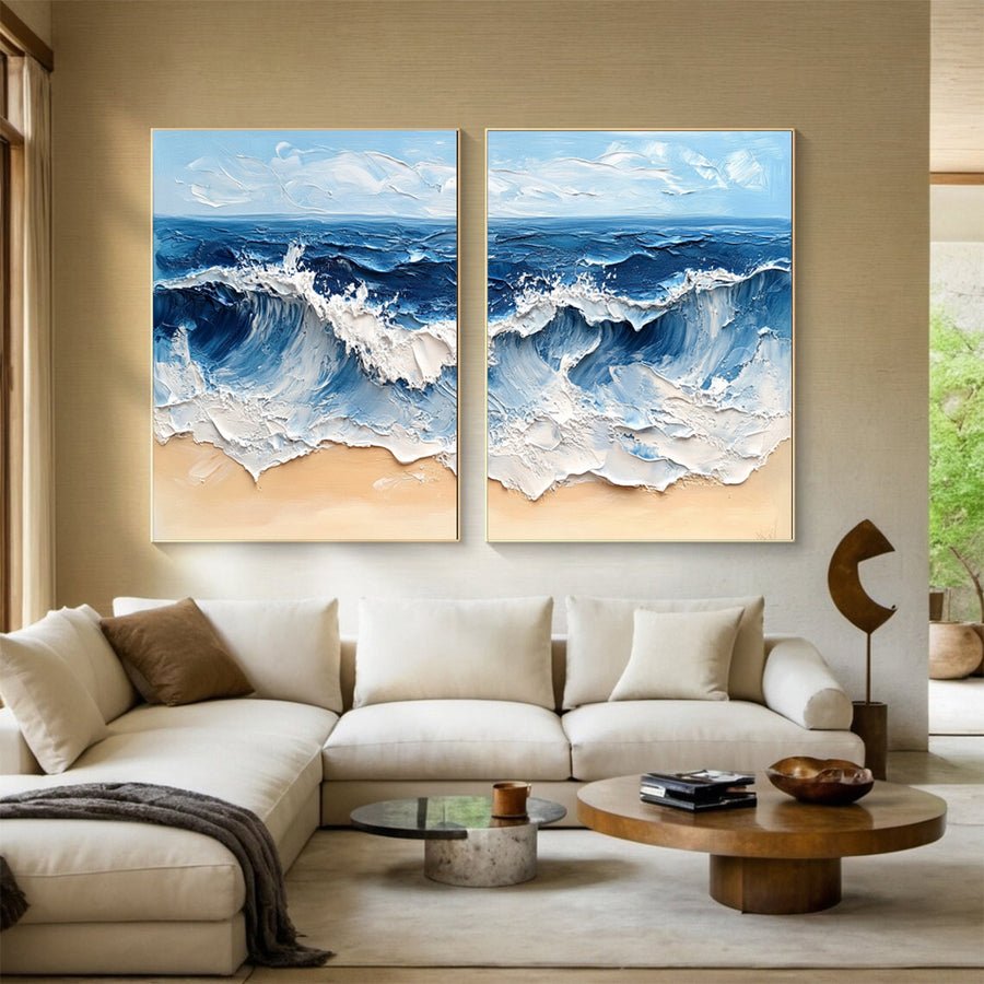 Dynamic Ocean Wave Canvas Art Textured Sea Painting Set Of 2 #OS 076 hand-painted oil painting