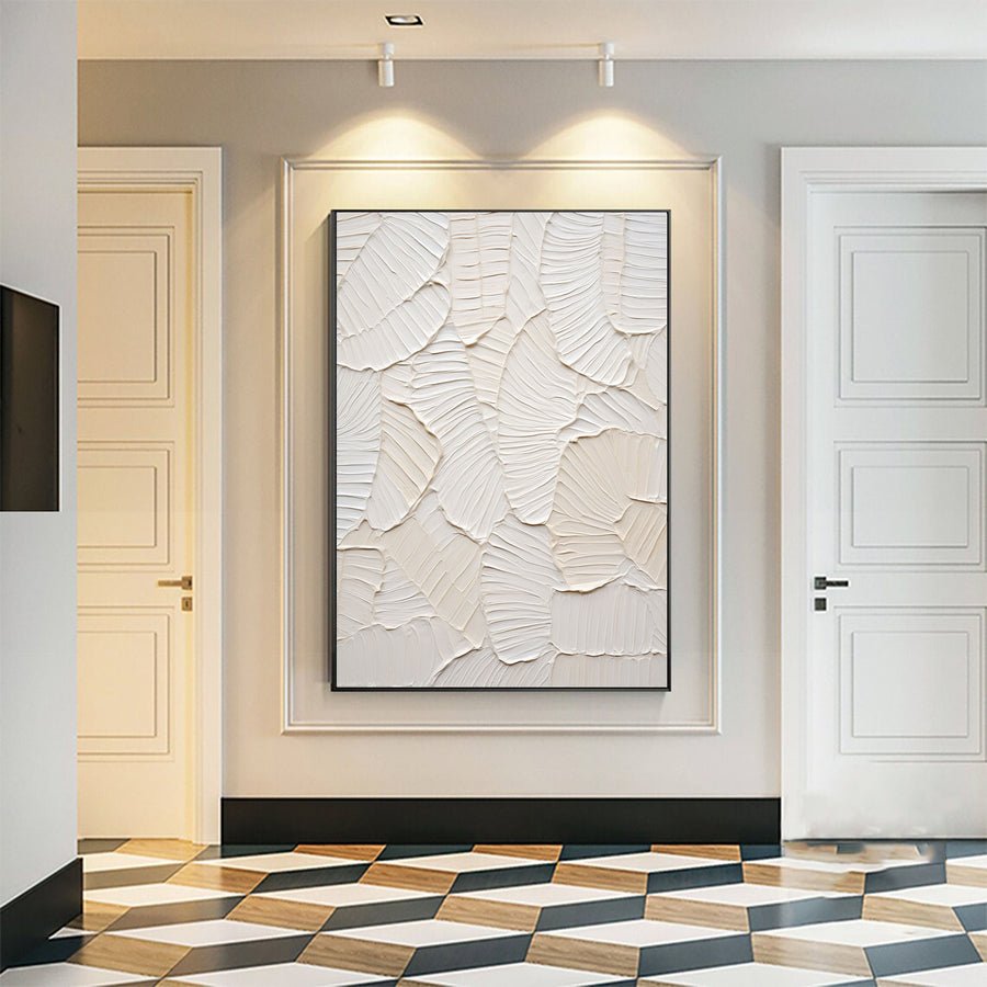 Elegant White Leaf Texture Canvas Art #WM 012 hand-painted oil painting