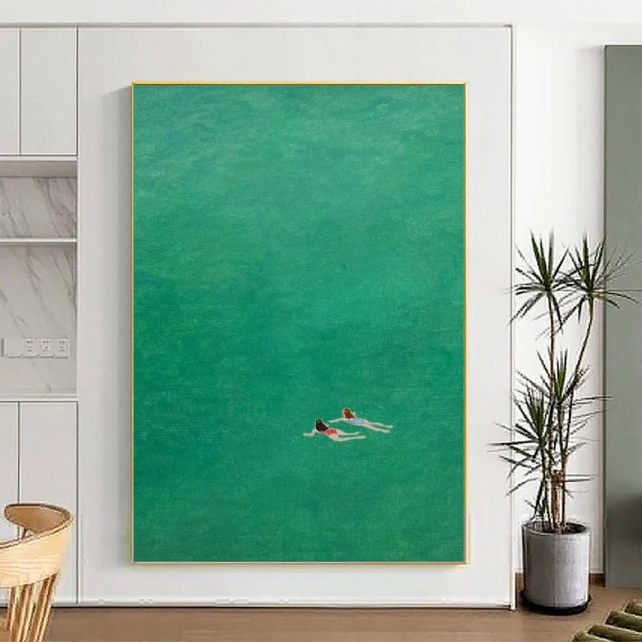 Floating in Green: Minimalist Art of Swimmers in Clear, Calm Waters #BGA 287 hand-painted oil painting