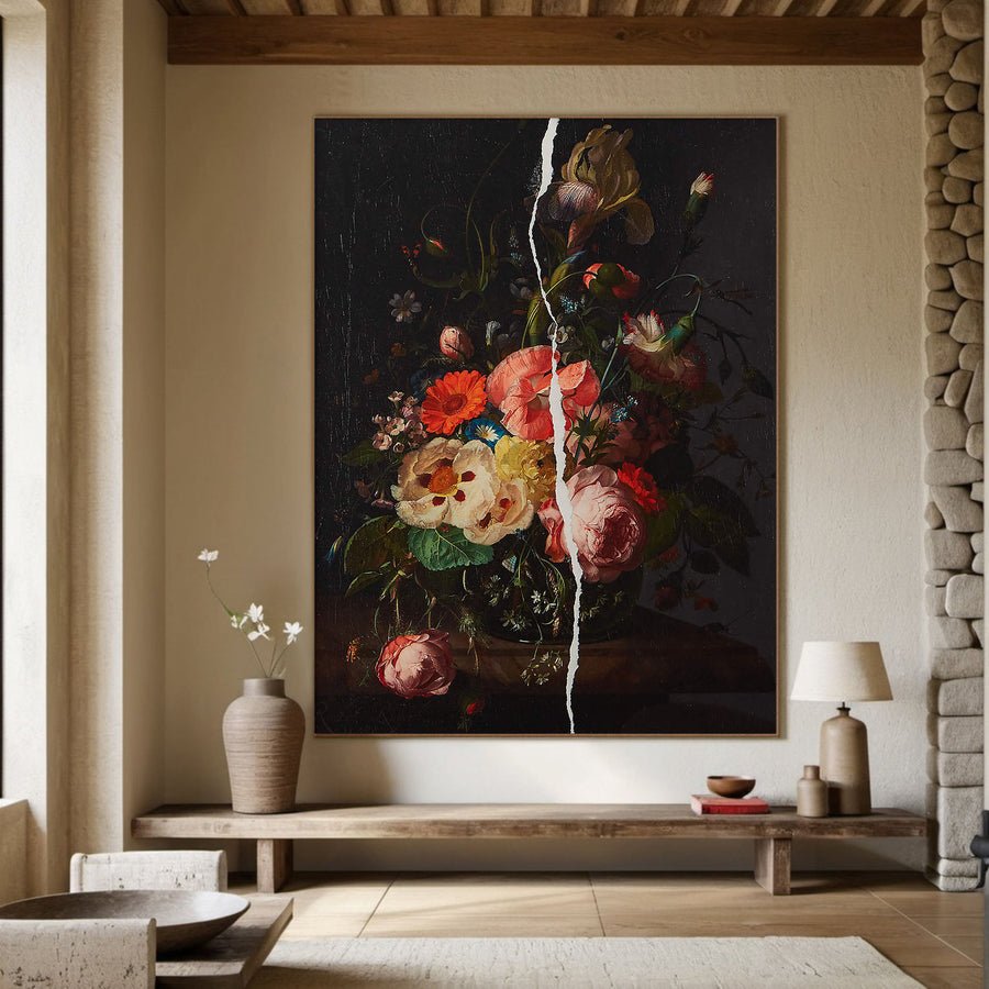 Flowers With White Crack, Large Contemporary Wall Art #BGA 043 hand-painted oil painting