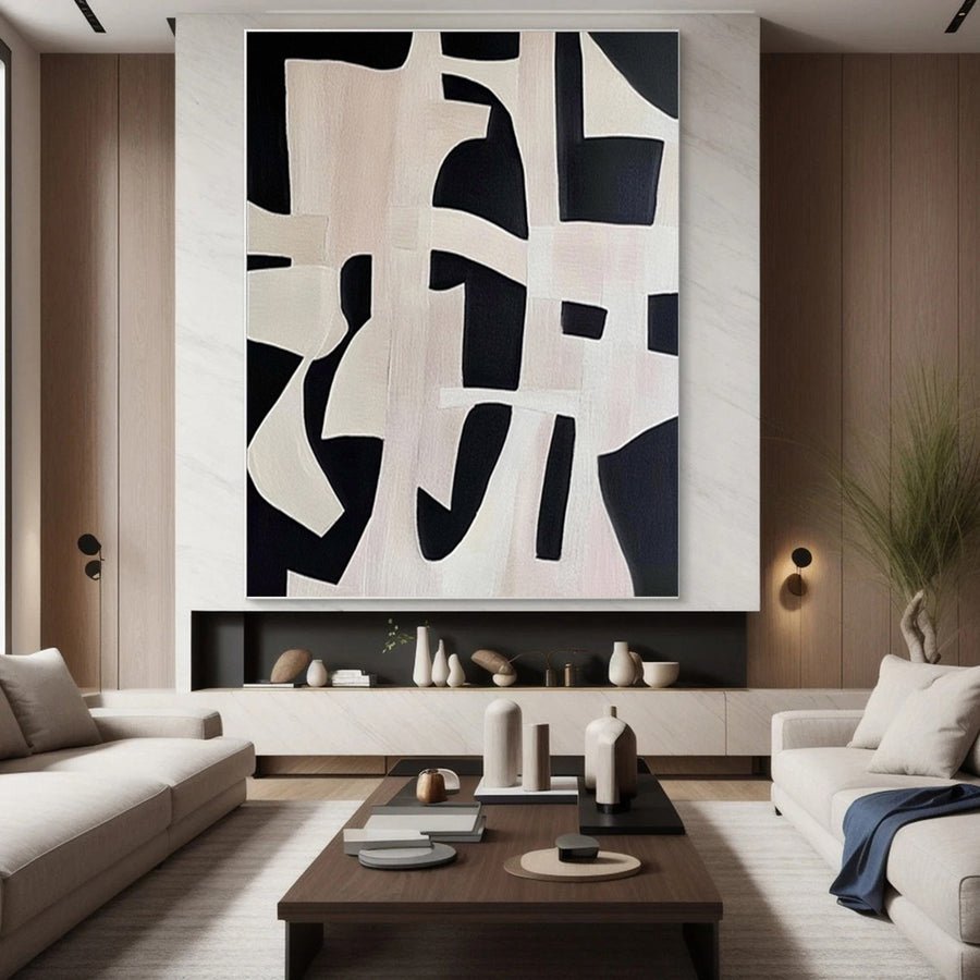 Geometric Symphony Black & White Abstract Canvas #BWA 006 hand-painted oil painting