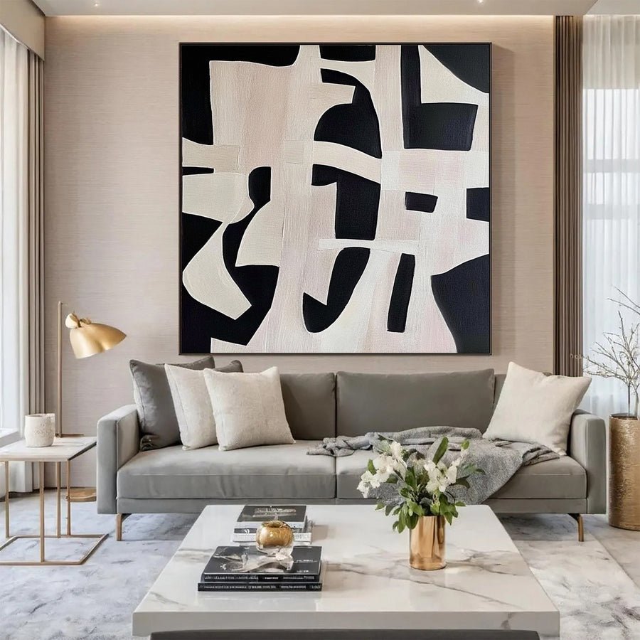 Geometric Symphony Black & White Abstract Canvas #BWA 007 hand-painted oil painting