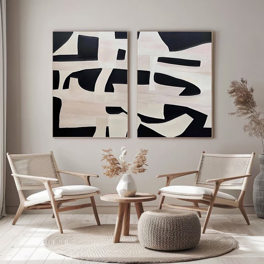 Geometric Symphony Black & White Abstract Canvas Set of 2 #BWA 008 hand-painted oil painting