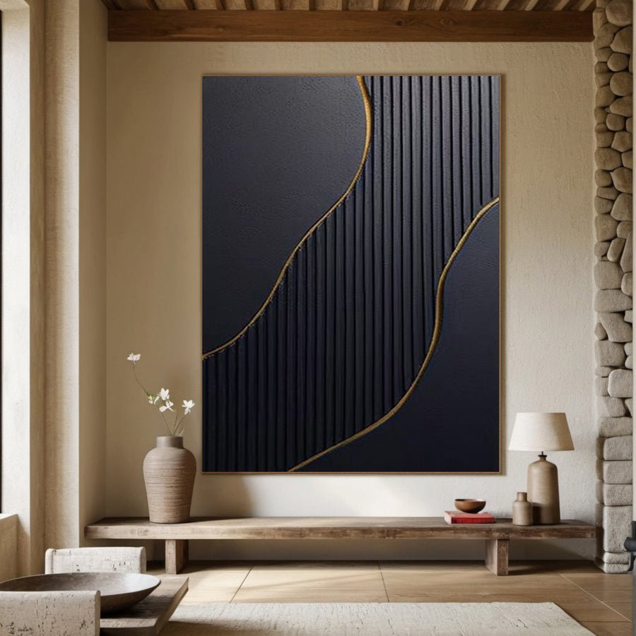 Gilded Geometry: Contemporary Abstract Art, Gold Line Design #BGA 113 hand-painted oil painting