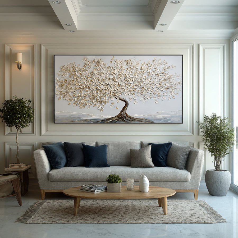 Gold & White Textured Tree Art on Canvas #WG 063 hand-painted oil painting