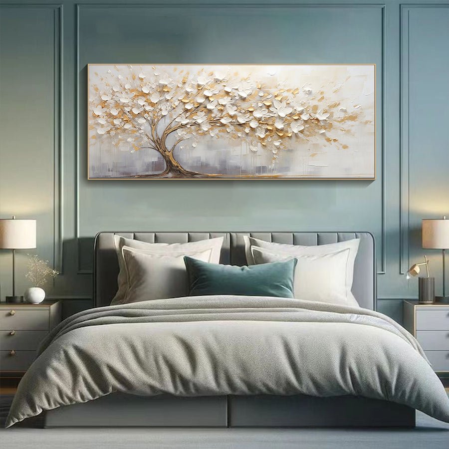 Golden Harmony Textured Tree Canvas for Elegant Bedroom Decor #FT 042 hand-painted oil painting