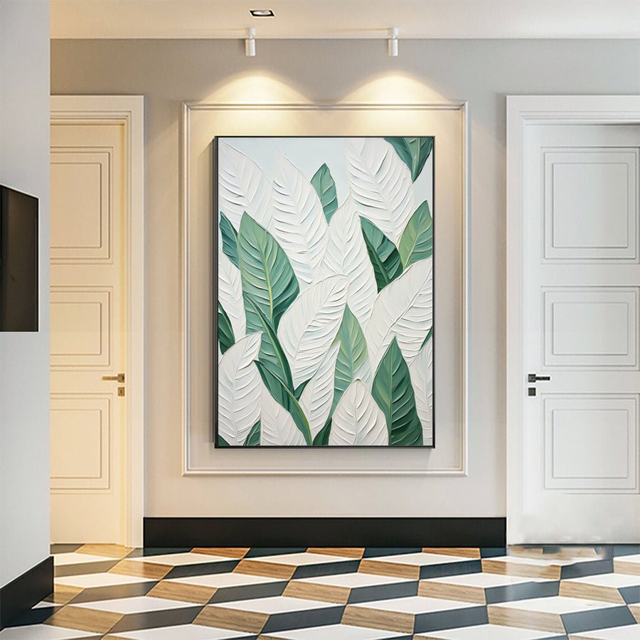 Green and White Leaf Canvas Art #BGM 029 hand-painted oil painting
