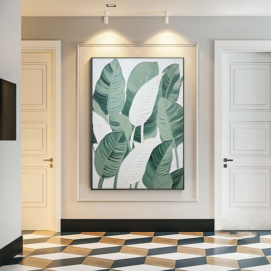 Green and White Leaf Canvas Art #BGM 030 hand-painted oil painting
