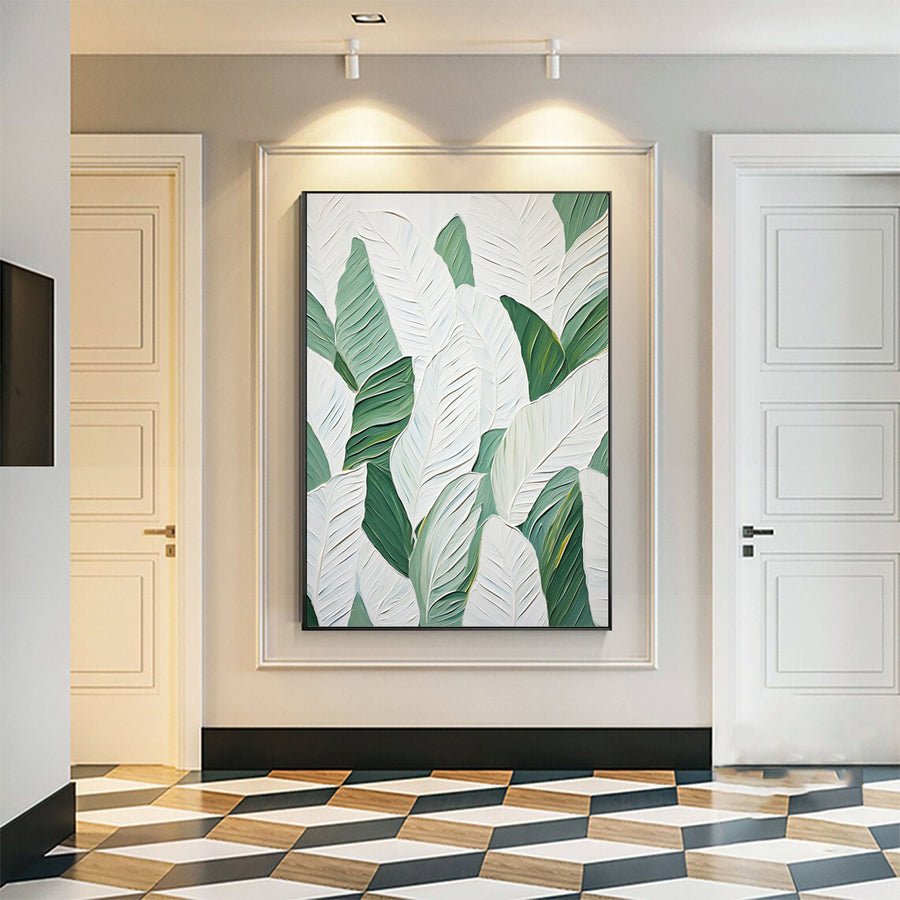 Green and White Leaf Canvas Art #BGM 031 hand-painted oil painting