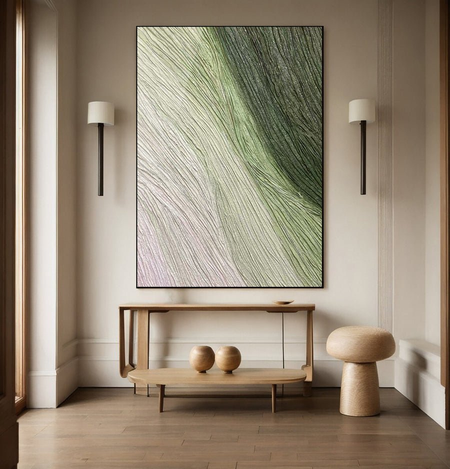 Green Modern Abstract Canvas with Gentle Textured Lines #BGA 267 hand-painted oil painting