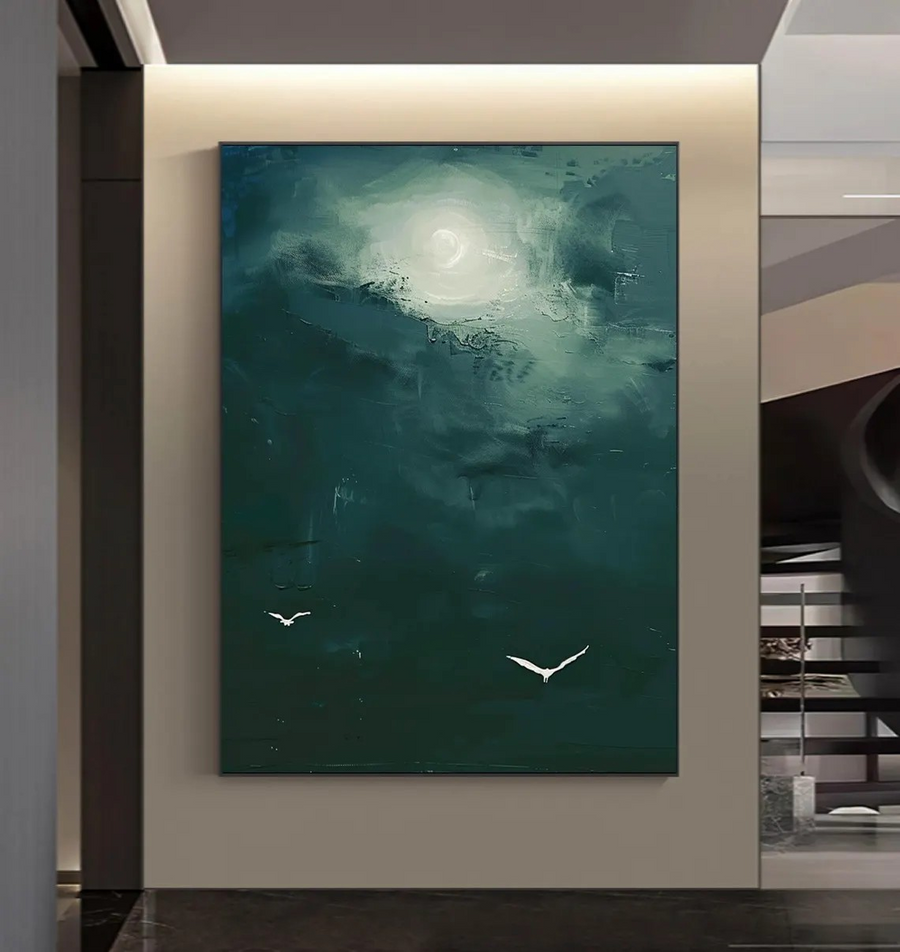 Green Sky Abstract, Minimalist Bird Art, Modern Decor #BGA 094 hand-painted oil painting
