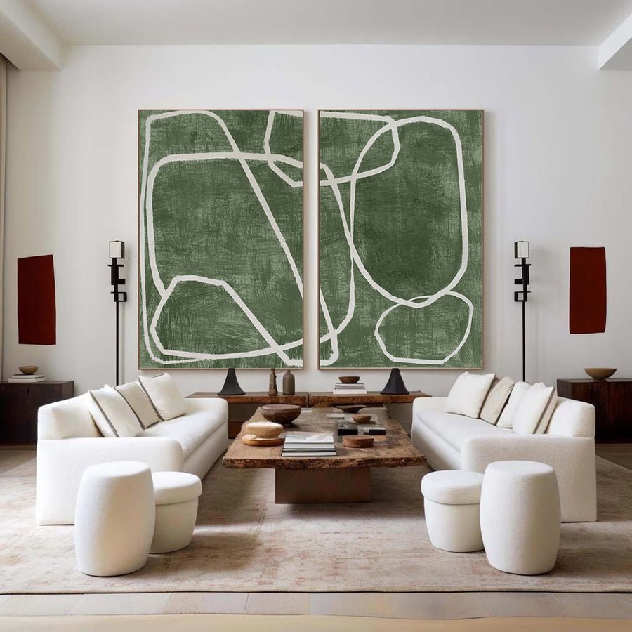 Green & White Abstract  Painting SET OF 2 #AVG 032 hand-painted oil painting