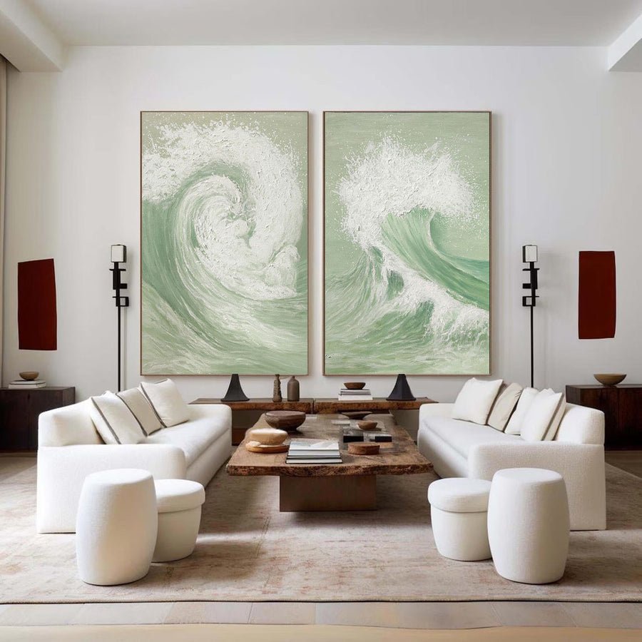 Green & White Abstract  Painting SET OF 2 #AVG 034 hand-painted oil painting
