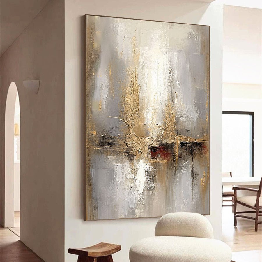 Grey And Beige Abstract Painting Gold Foil Texture Painting#AVG 002 hand-painted oil painting